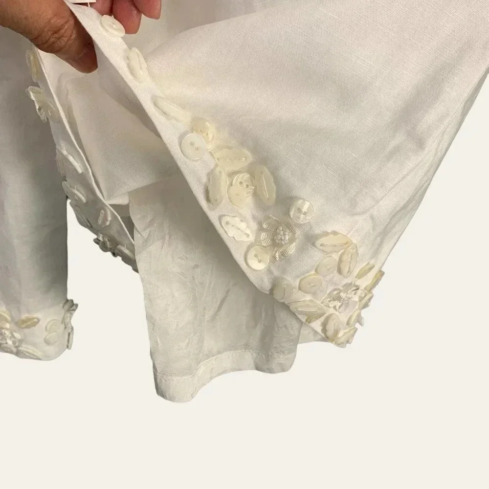 Spenser Jeremy Linen Blend Cropped Pants Women Size 12 White Shell Embellished